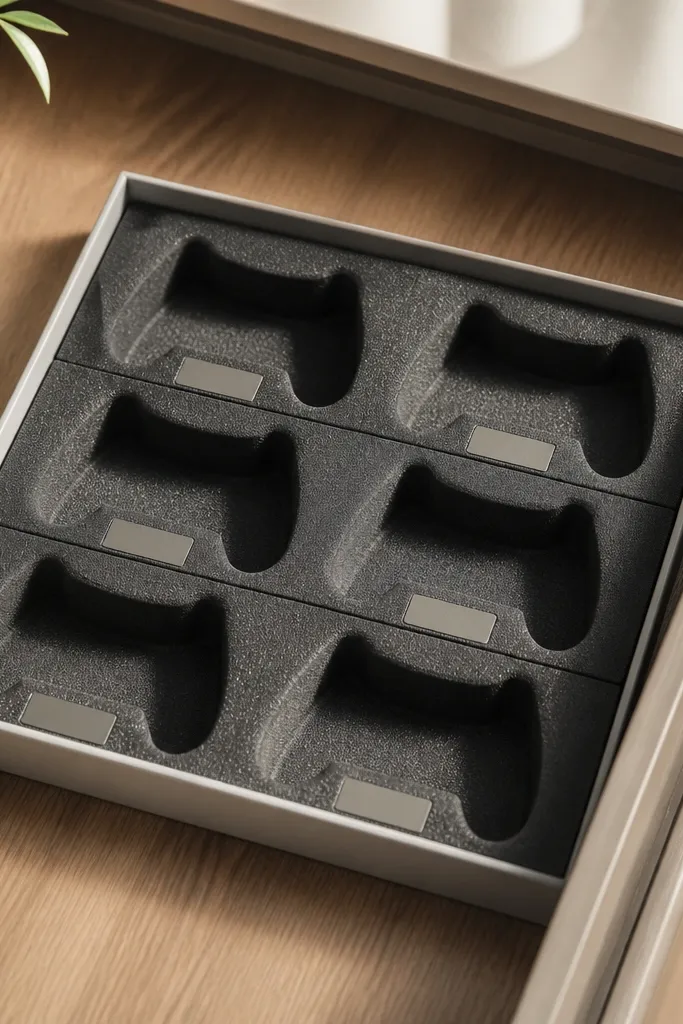 A small organizer insert for a drawer with foam pads shaped into controller grips. Each slot has a label tag and the organizer sits in a shallow tray.