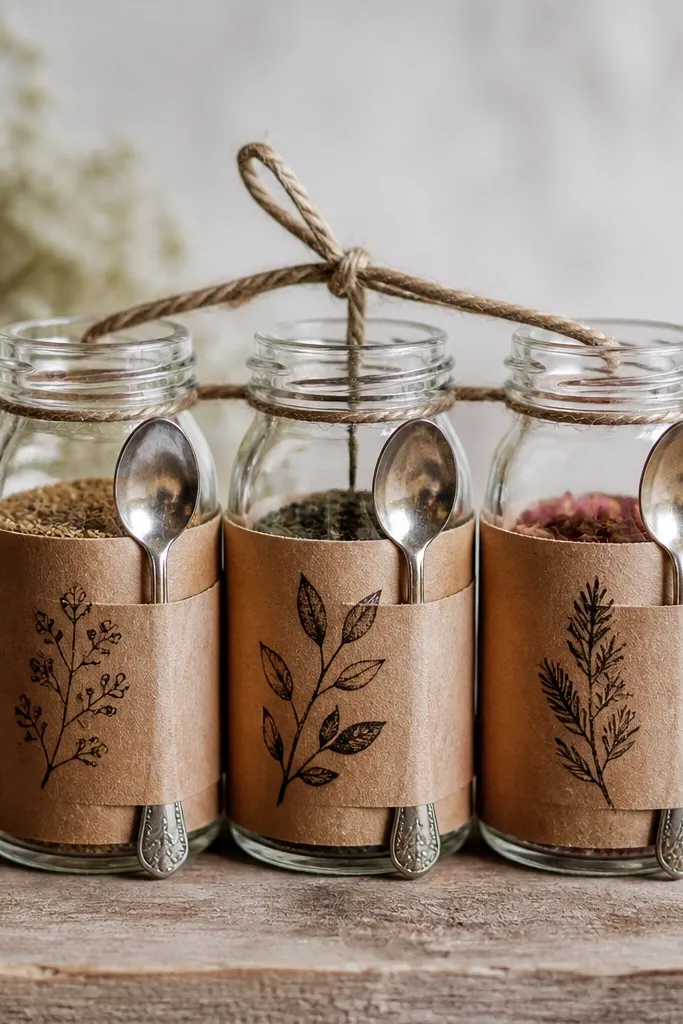 Three small clear jars tied together with twine. Each jar has a kraft paper sleeve with a hand-lettered label, plus a metal spoon tucked into the sleeve pocket.