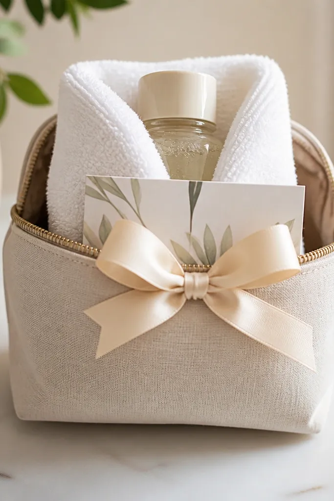 A folded white washcloth wrapped around a small bottle of bubble bath and placed inside a small zip pouch. A ribbon bow sits on the front with a printed card tucked behind.