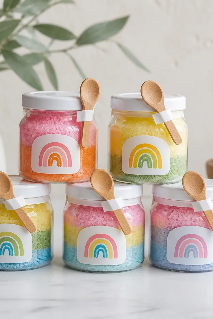 Small jars with bright layered bath soak colors (pink, orange, yellow, green, blue). Each jar has a rainbow label and a tiny scoop taped to the lid.