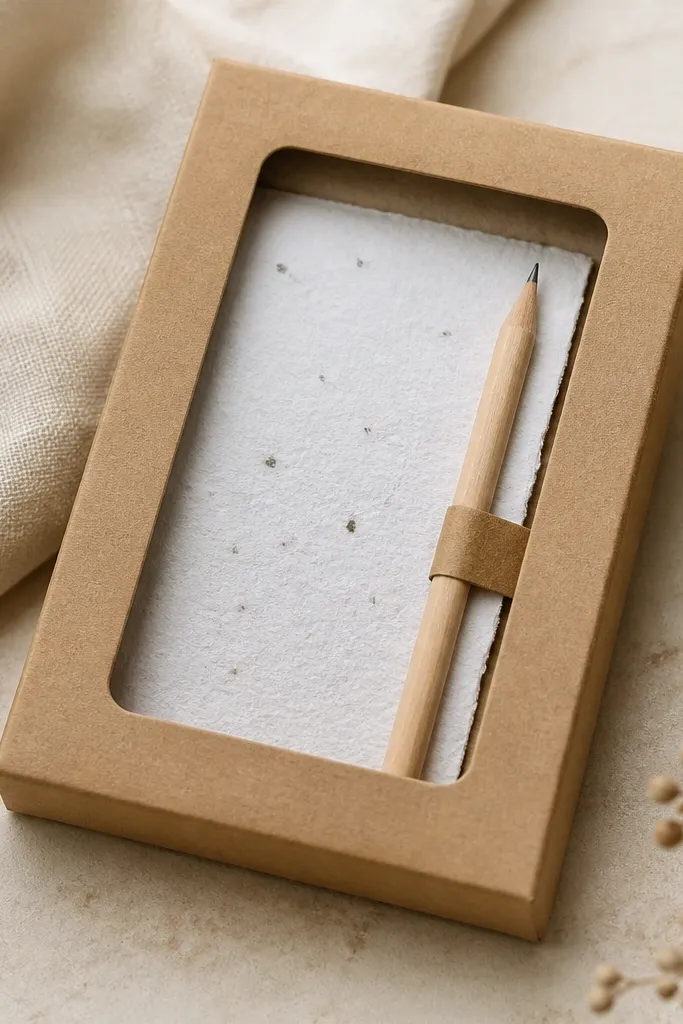 A small kraft box with a window. Inside is a sheet of seed paper and a sharpened pencil tied with a thin strip of paper around the pencil barrel.