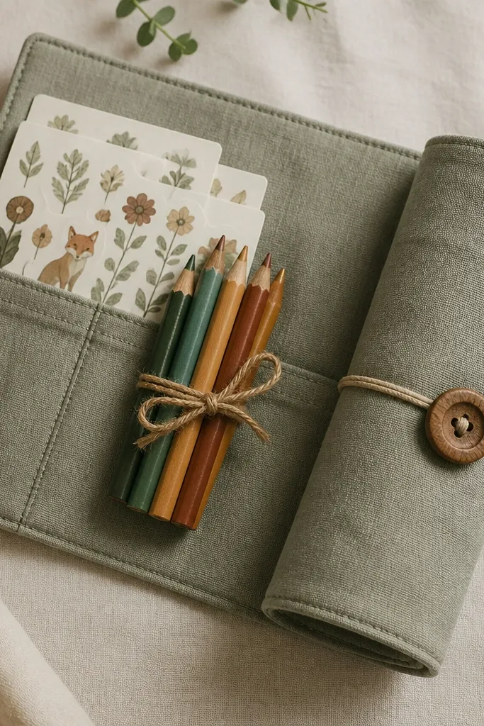 A fabric roll-up with a button closure. Inside pockets hold sticker sheets and a bundle of small colored pencils tied with twine.