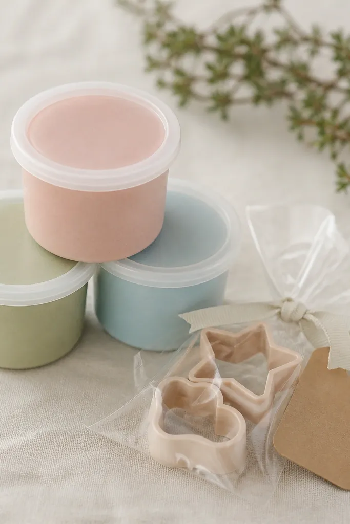 Three small containers of playdough in pastel colors. Next to them are cookie cutters in a small clear bag and a kraft label on a ribbon.