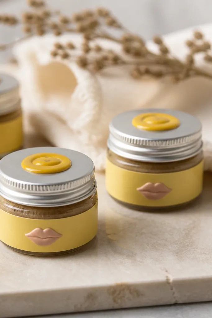 Small round lip scrub pots with yellow labels and a tiny lip-shaped sticker. The lids have a dab of matching yellow wax seal.