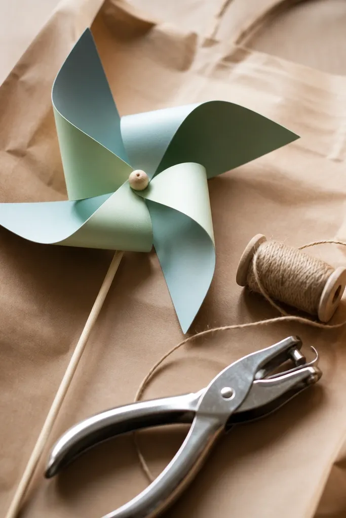 A small wind spinner made from two paint chips on a wooden skewer. A mini spool of twine and a hole punch sit in a kraft bag.