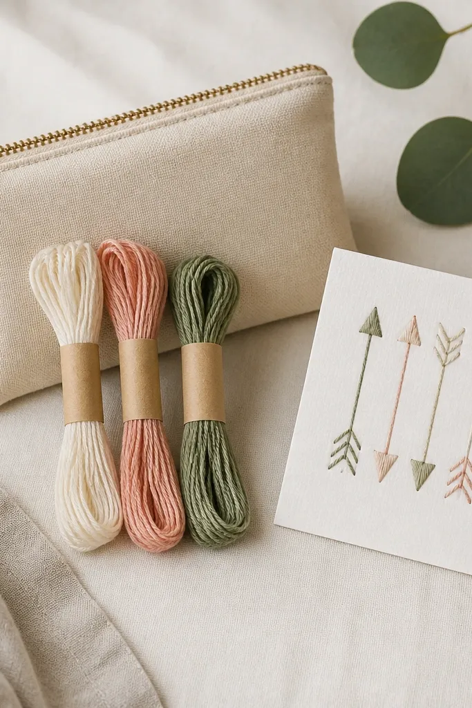 A small zipper pouch with three bundles of embroidery floss in matching colors. A folded instruction card shows a simple arrow pattern.