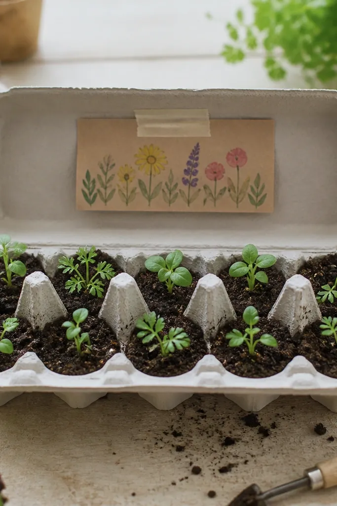 An open egg carton filled with soil and tiny seedlings. A hand-labeled seed packet is taped to the inside lid.
