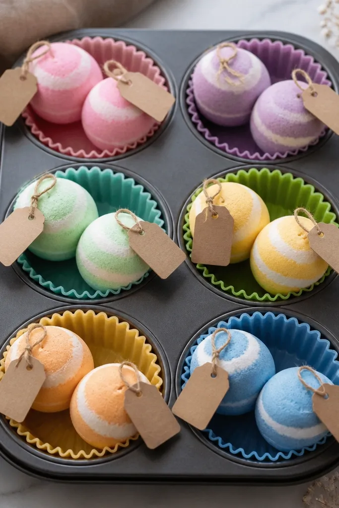 A muffin tray with silicone liners holding two bath bombs each. Each bath bomb has a different color swirl and a label tied on a corner.