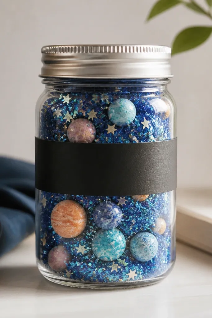 A clear jar filled with blue glitter, tiny star confetti, and a few small foam "planets." A black paper label wraps the jar.