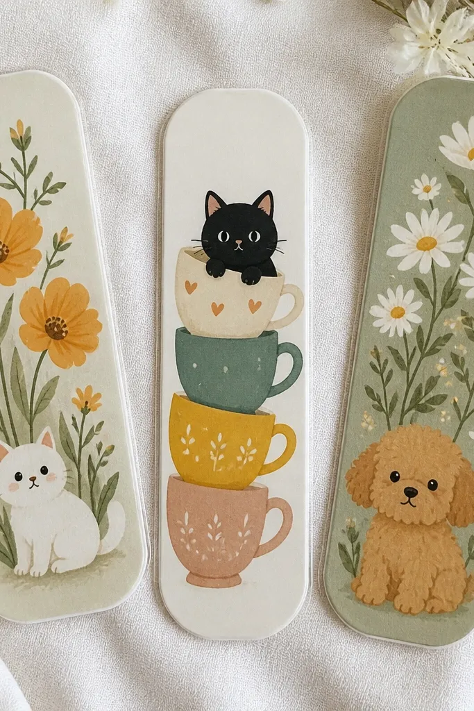 Three bookmarks cut from thick paper with cute drawings. Each bookmark has clear tape laminated across the front and back.