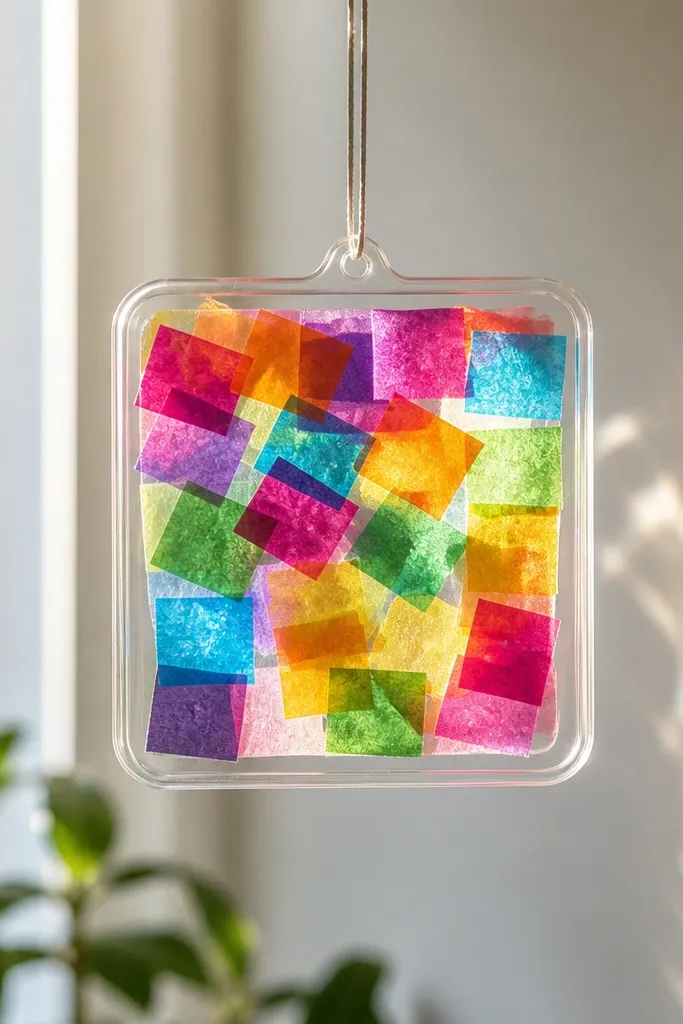 A small plastic frame filled with colorful tissue paper squares. The frame hangs from a string and catches light.