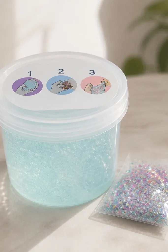 A clear plastic cup filled with slime. A separate small bag of glitter sits beside it. The lid has a label with step numbers.