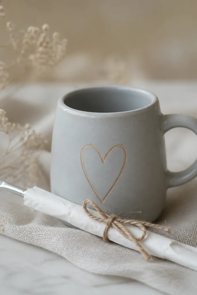 A small ceramic mug painted matte light gray with a simple heart. A tiny paintbrush is wrapped in tissue and tied with twine.
