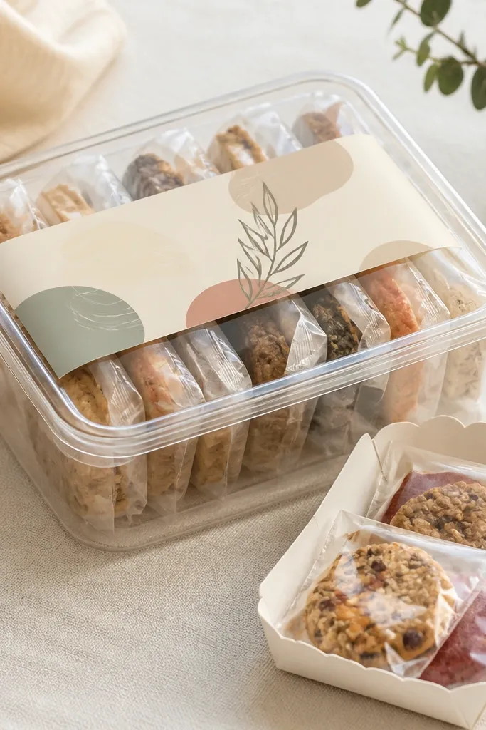 A clear plastic box filled with individually wrapped snacks, plus a small paper tray. A printed label sits on the lid.