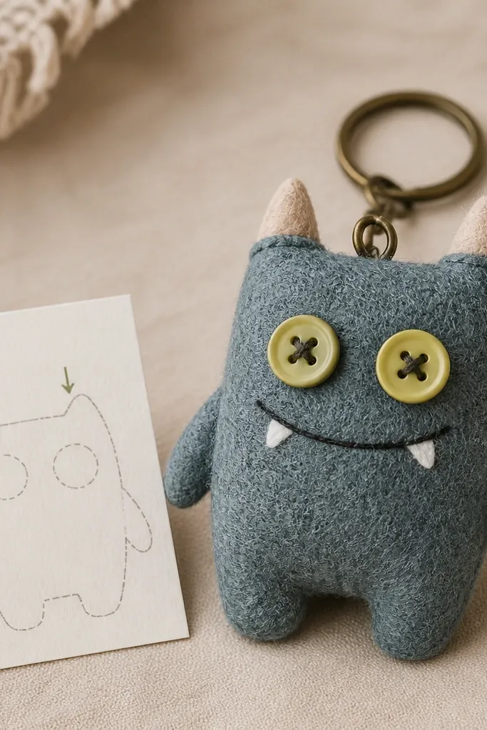 A small felt monster keychain with two button eyes and stitched smile. A small card shows a diagram of where the eyes go.