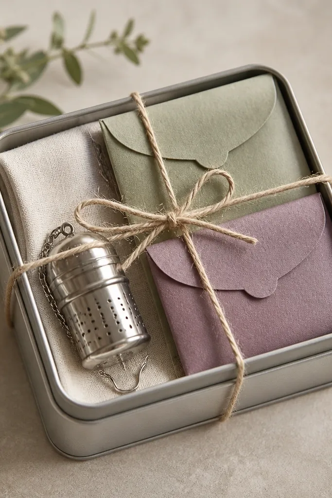 A small tin with a mini tea infuser, two sachets in labeled mini envelopes, and a folded napkin. A string bow wraps the tin.