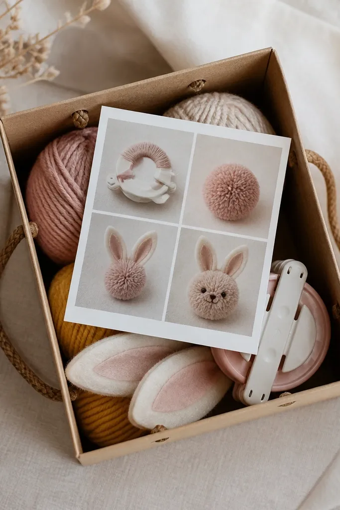 A small kraft bag containing yarn balls, two felt ear pieces, and a pom-pom maker. A printed "how to make" card sits on top.