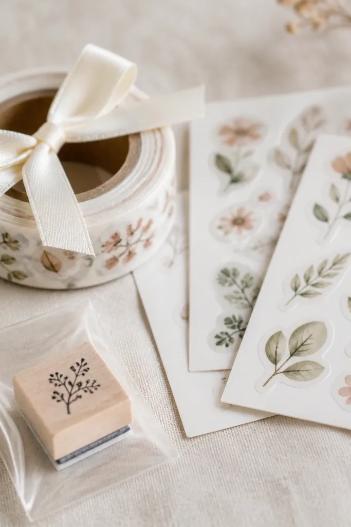 A roll of washi tape tied with ribbon. Beside it are small sticker sheets and a tiny rubber stamp in a clear sleeve.