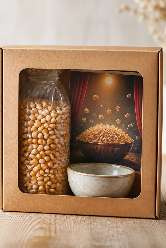 A small cardboard box with a window. Inside is a bag of popcorn kernels, a mini bowl, and a recipe card printed like a movie poster.