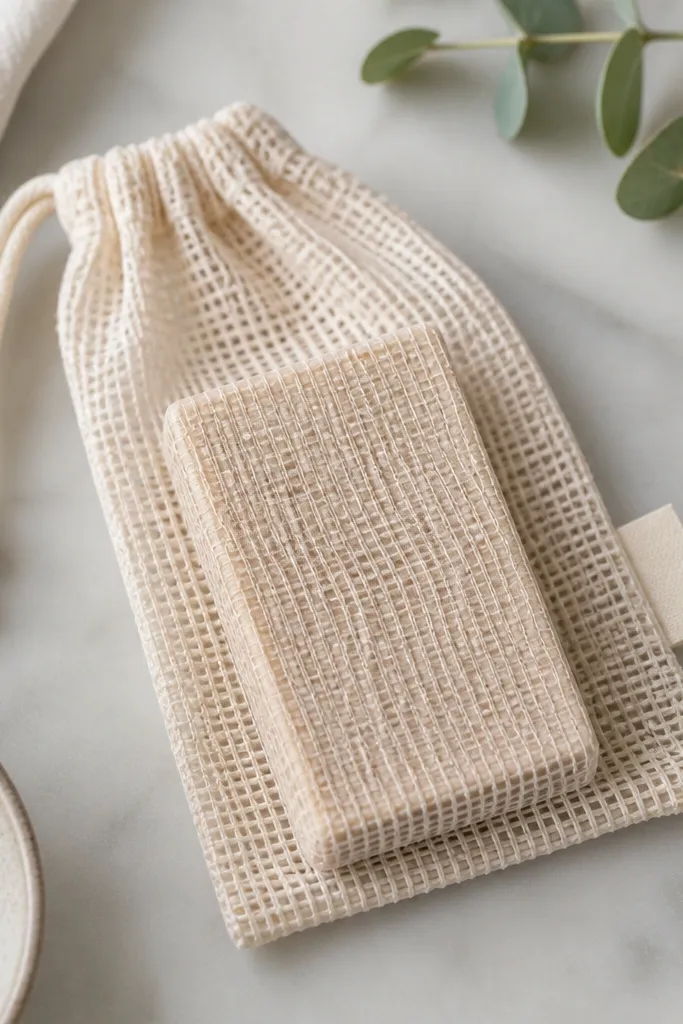 A rectangular scrub bar wrapped in paper and placed inside a mesh soap-saver bag. The bag has a drawstring and a small label tag.