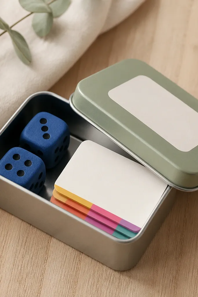 A small tin with two foam dice and a stack of story prompt cards. The cards have colored tabs and a label on the lid.