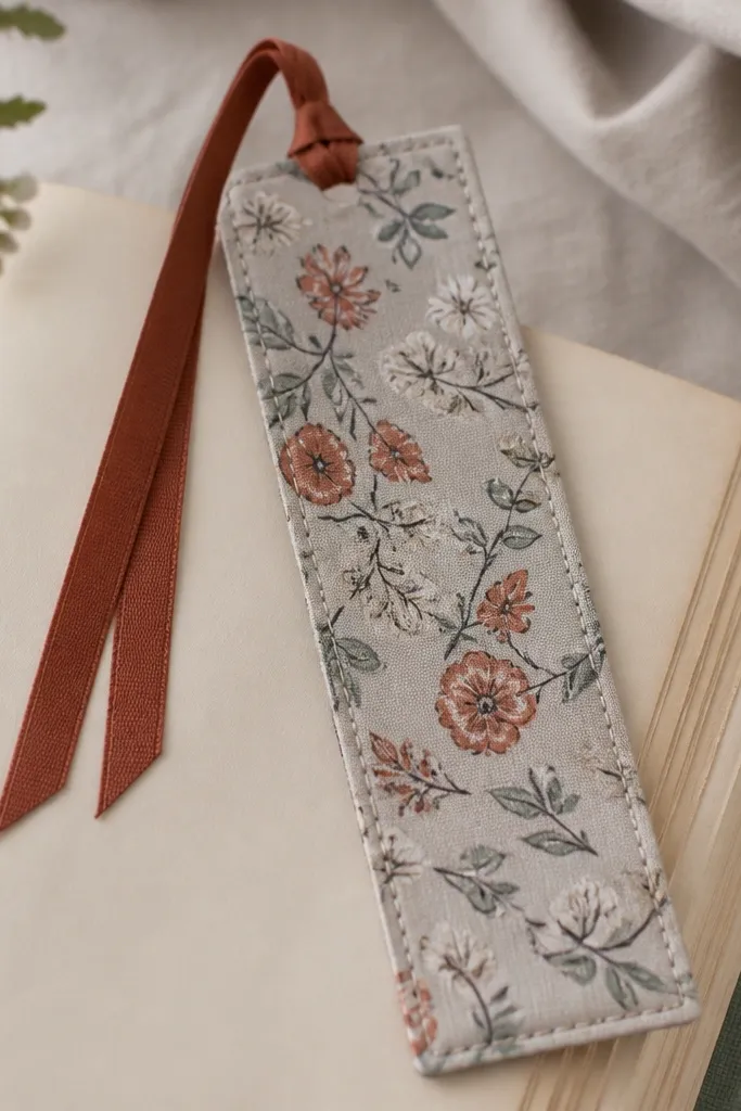 A fabric bookmark made from two layers of patterned cotton. A ribbon tassel hangs from the top corner with a small knot.