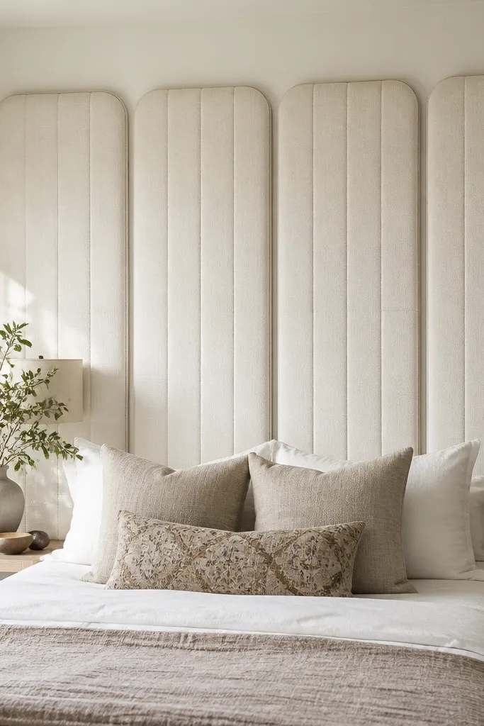 A bedroom wall behind the bed covered with four vertical padded panels in off-white faux linen, each with rounded corners and visible stitched channels.