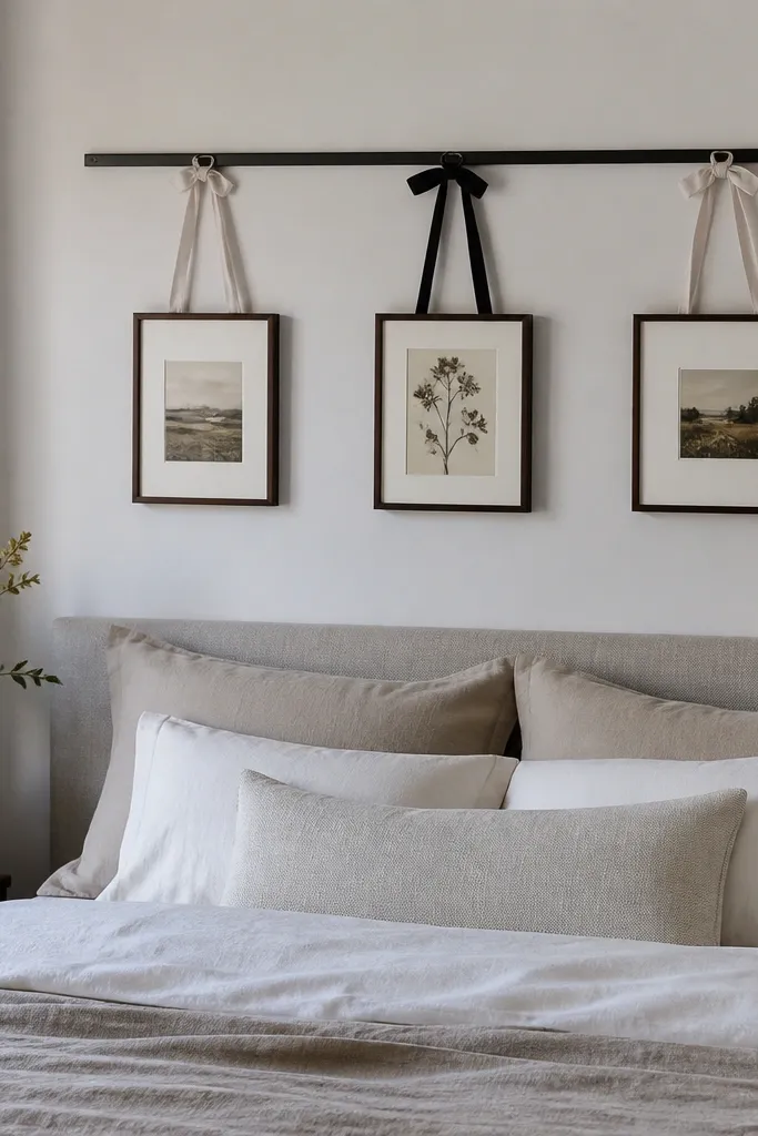 A slim metal picture rail mounted above the bed with three small framed prints hanging from fabric ties in cream and black.