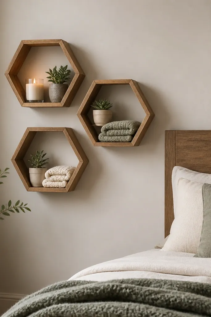 Three small hexagon wood shelves grouped near a bedroom corner, each holding a candle, a folded throw, and a tiny plant pot.