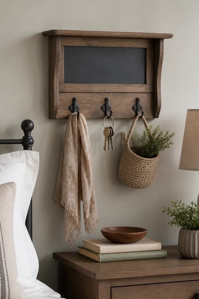 A small wooden wall-mounted organizer with three hooks and a chalkboard label panel above a nightstand.