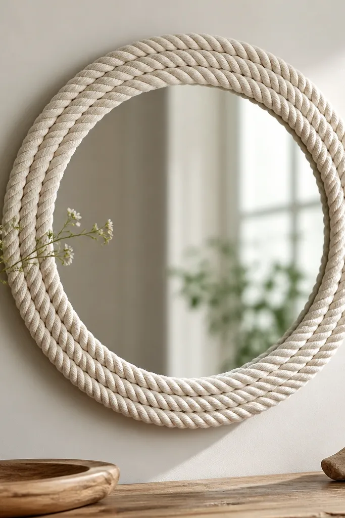 A small round mirror with thick off-white rope wrapped around the frame, showing tight coils and clean edges.