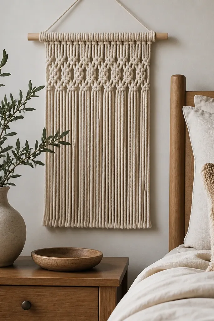 A small wall curtain made from thick cotton cord hangs behind a bedside area, with a simple knot pattern and a wooden dowel top.