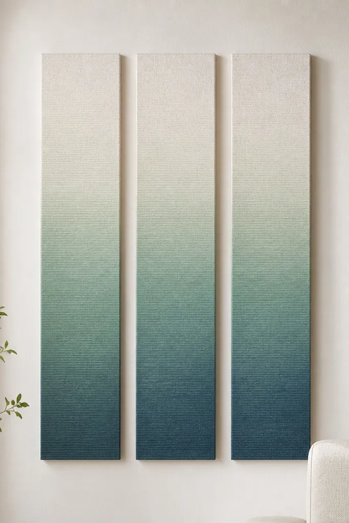 A set of three narrow wall pieces made from painted drawer liner, arranged vertically like art panels with a soft gradient.