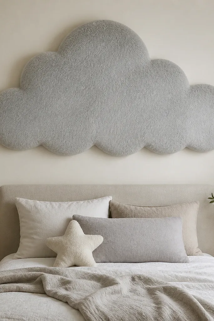 A single large cloud-shaped wall decor piece in pale gray faux fur fabric mounted above the bed.
