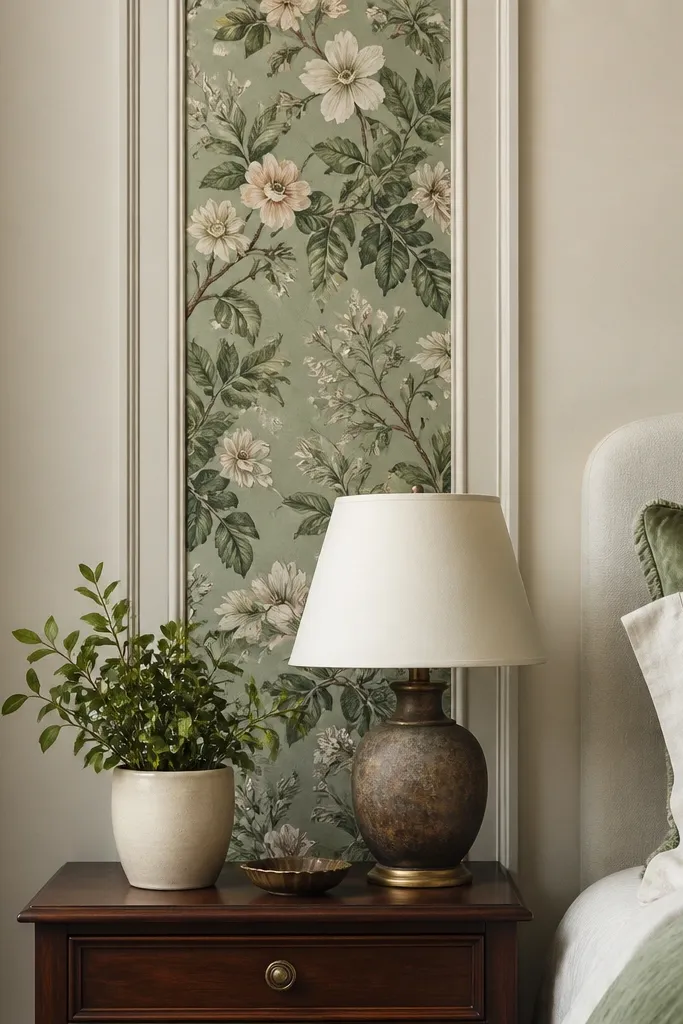 A narrow wallpaper strip behind a nightstand, with a botanical pattern framed by painted borders in matte cream.