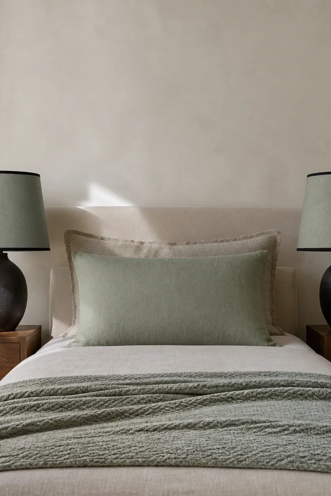 Two matching DIY fabric lamp shade covers on bedside lamps, in dusty sage with a thin black trim line.