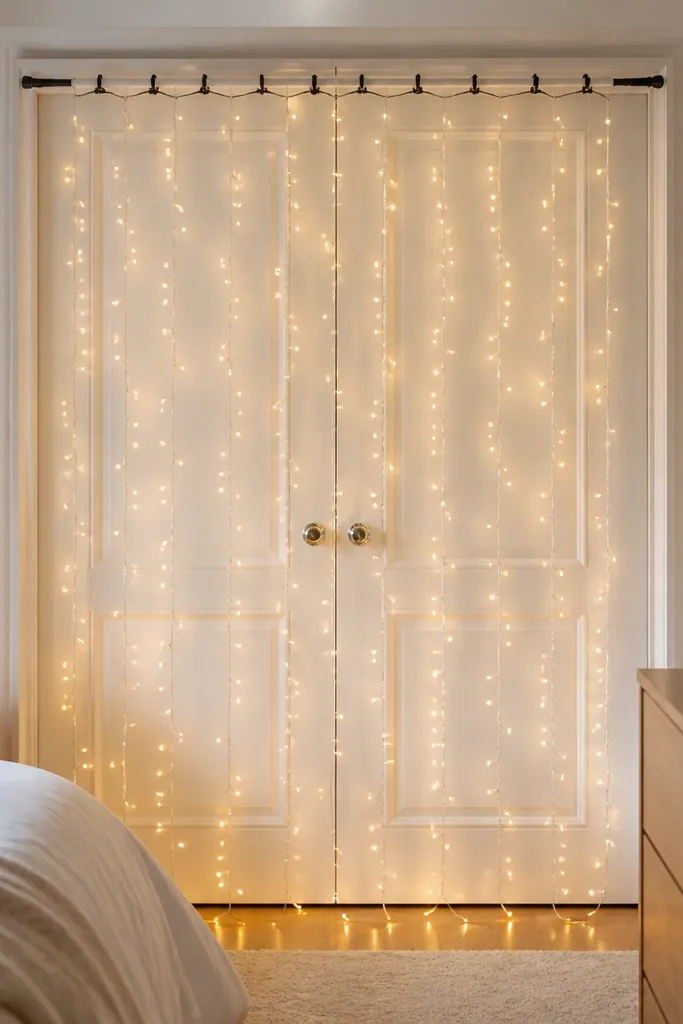 A curtain of warm white string lights hanging in front of a closet door, with small clips on a tension rod.