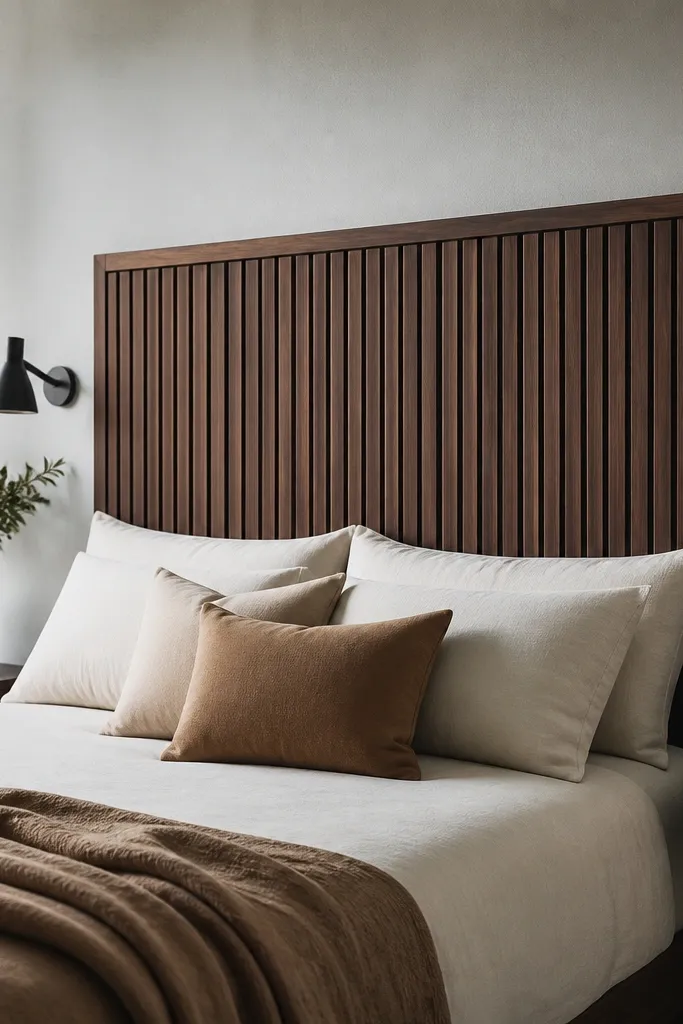 A headboard made from several vertical wood slats, stained dark walnut, mounted behind the bed with a simple frame.