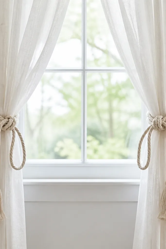 White sheer curtains tied back with thick linen rope knots, showing a soft loop and tassel ends on either side of a window.