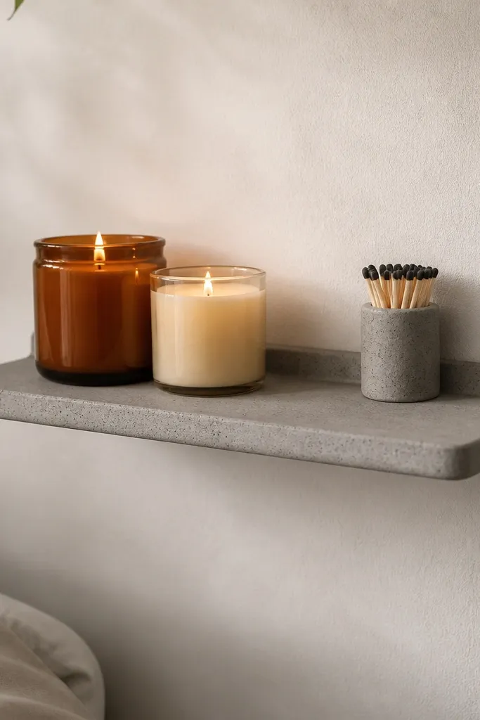 A small wall shelf painted in faux concrete gray with speckled texture, holding two candle jars and a match holder.