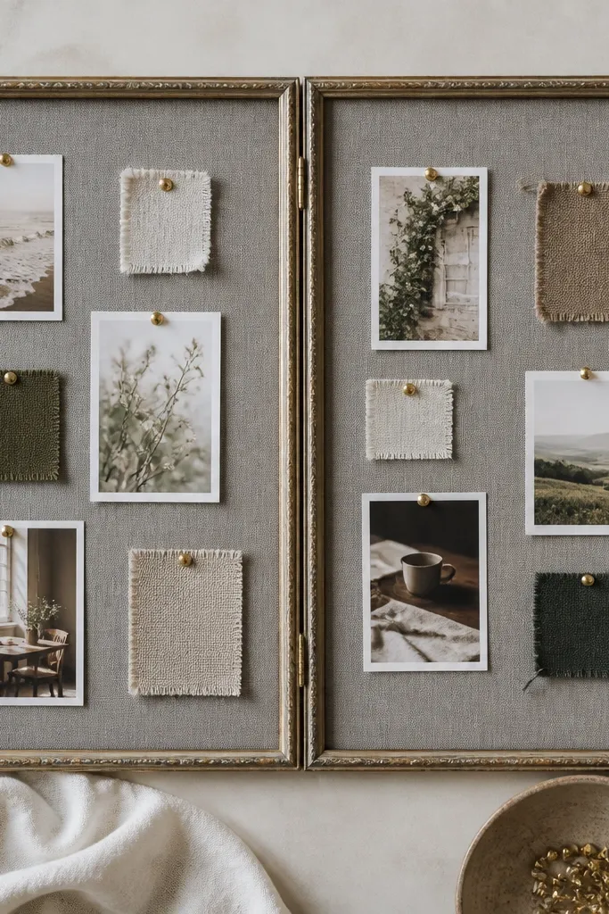 A large thrifted picture frame opened flat, covered with gray fabric, and pinned with small photos and fabric swatches.
