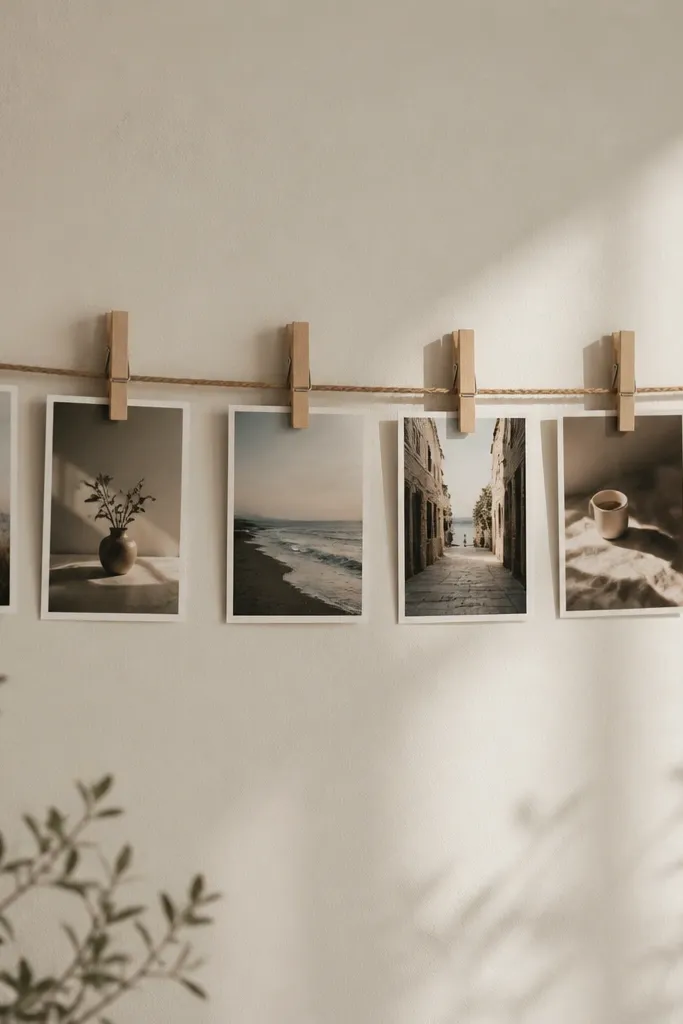 A horizontal rope line on a wall with a row of clothespins holding small 4x6 photos, all in muted tones.