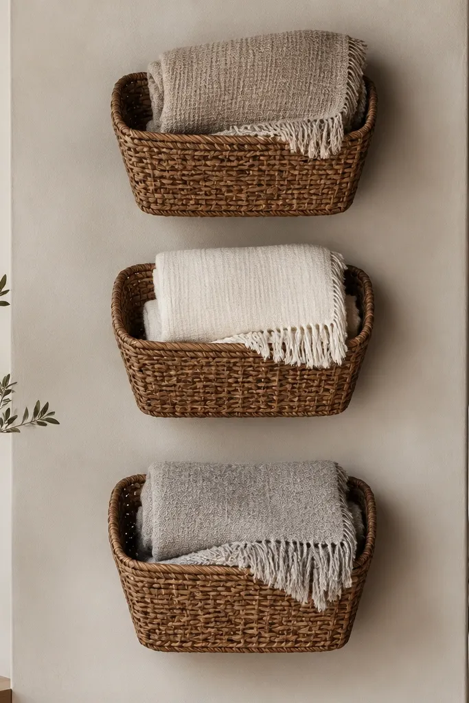 Three woven baskets mounted on the wall, each holding a neatly folded throw in neutral tones.