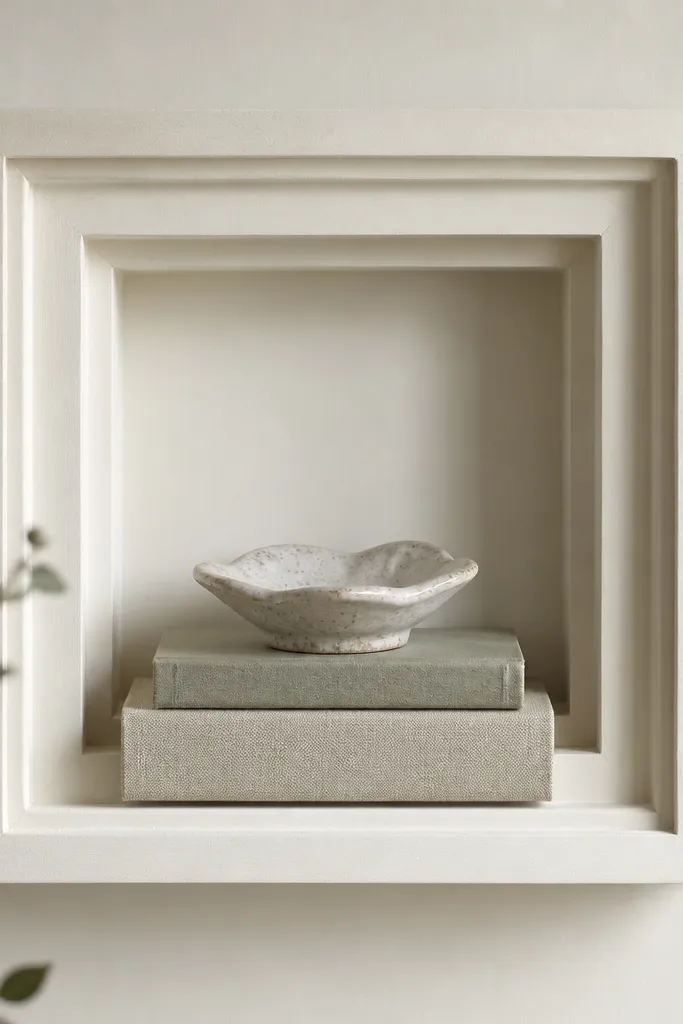 A small shadow box frame painted off-white with a step-back interior, holding a mini stack of books and a ceramic dish.