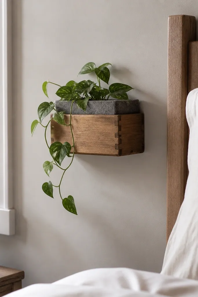 A wall planter made from a small wooden box with a felt liner and a trailing plant, mounted near the bed.