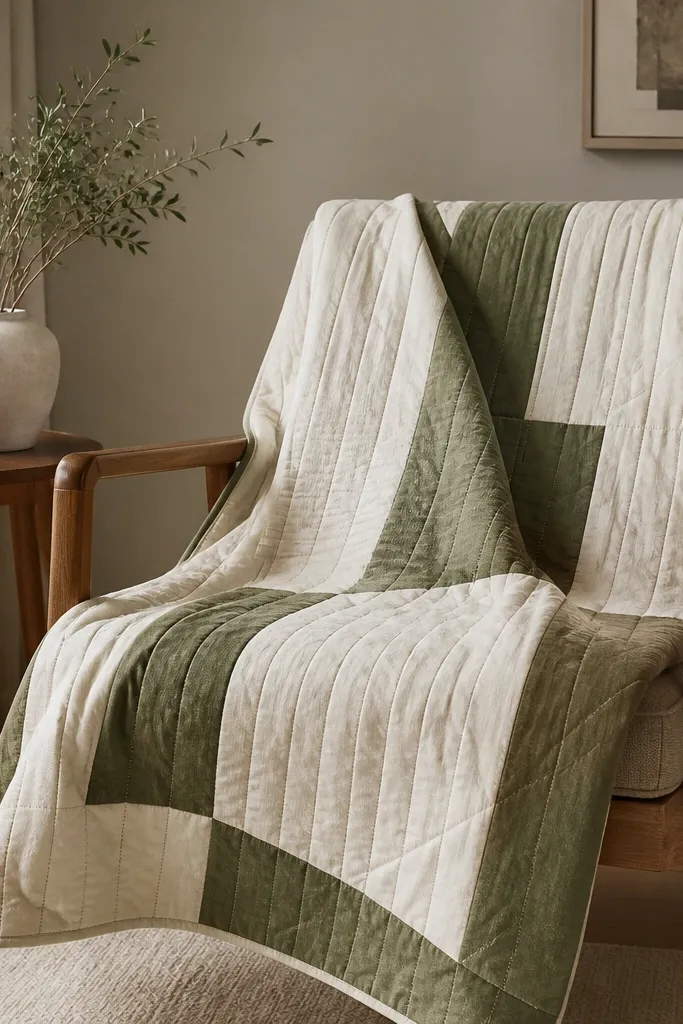 A throw cover draped over a chair, made from two flat sheets with visible stitched seams creating a quilt look.