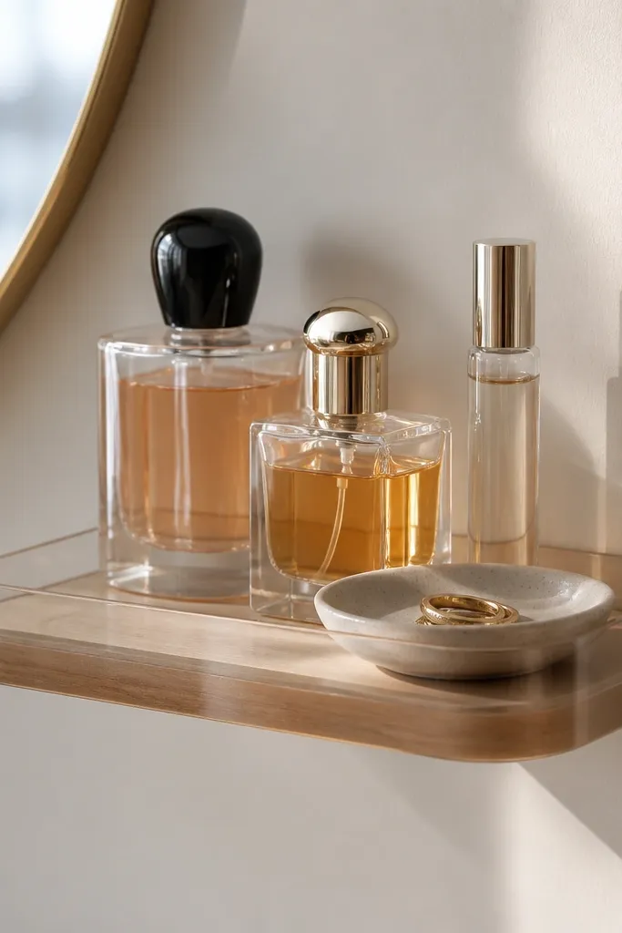 A small acrylic or wood tray mounted on the wall with a subtle floating effect, holding perfume bottles and a ring dish.