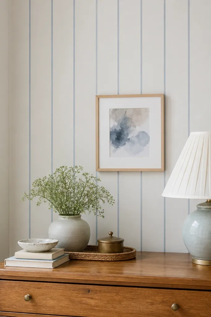 A dresser wall corner with a neat grid of washi tape creating vertical stripes, with a small art print centered above.