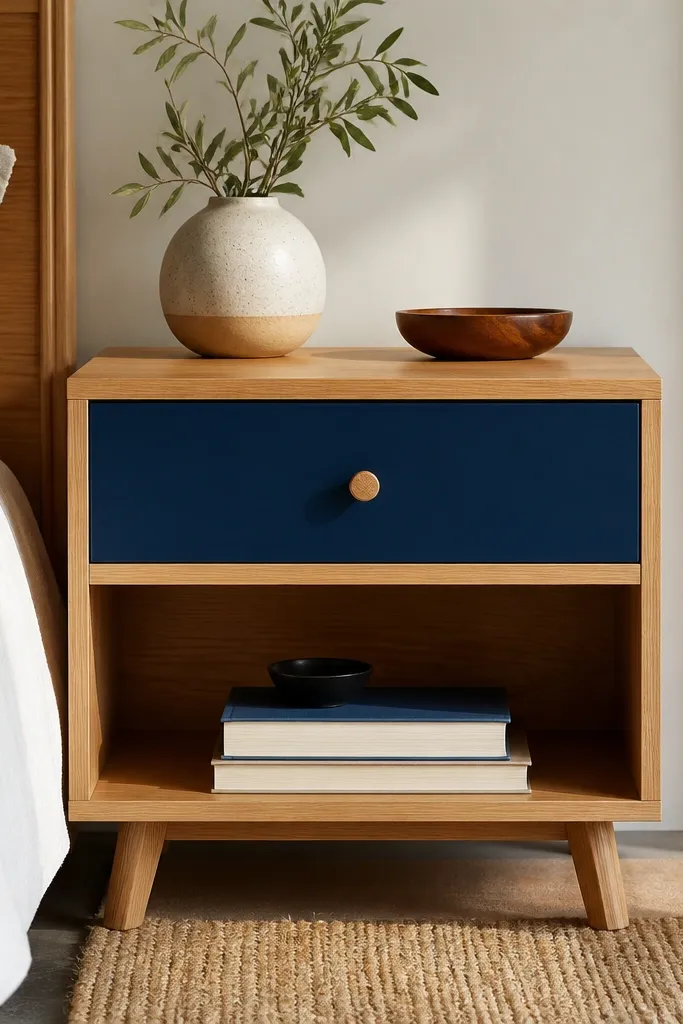 A nightstand with one drawer front painted a deep navy, the rest natural wood, with crisp painter tape edges.