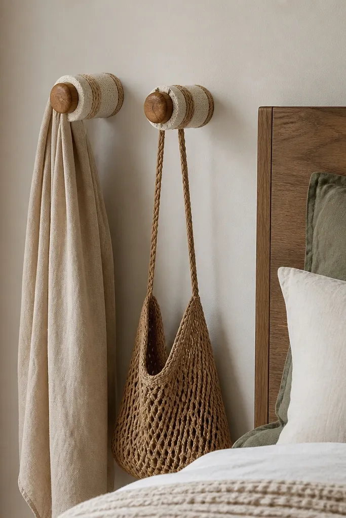 A pair of wooden pegs wrapped in fabric and rope, mounted on a bedroom wall near the bed for hanging a scarf or bag.